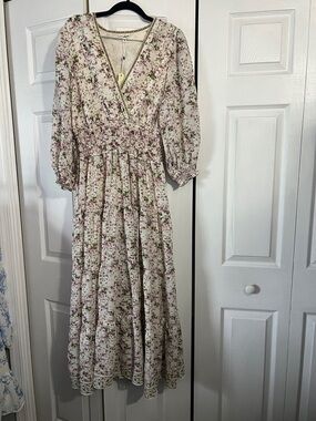 Max Studio Cream Maxi Dress with Pink and Green Floral Print
